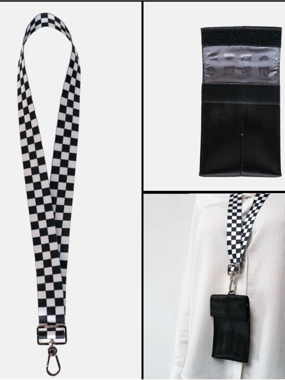 Harveys Seatbelt Black & White Checkered 4 Panel Lanyard / Black Hook-N-Go / NEW